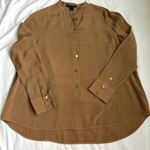 St. John Silk Blend Camel Band Collar Blouse Gold Buttons Luxe